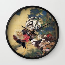 Rooster and Hen with Hydrangeas. Wall Clock
