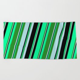 [ Thumbnail: Green, Forest Green, Powder Blue, and Black Colored Striped/Lined Pattern Beach Towel ]