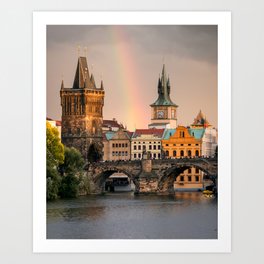 Sunset Rainbow over the Charles Bridge in Prague Art Print