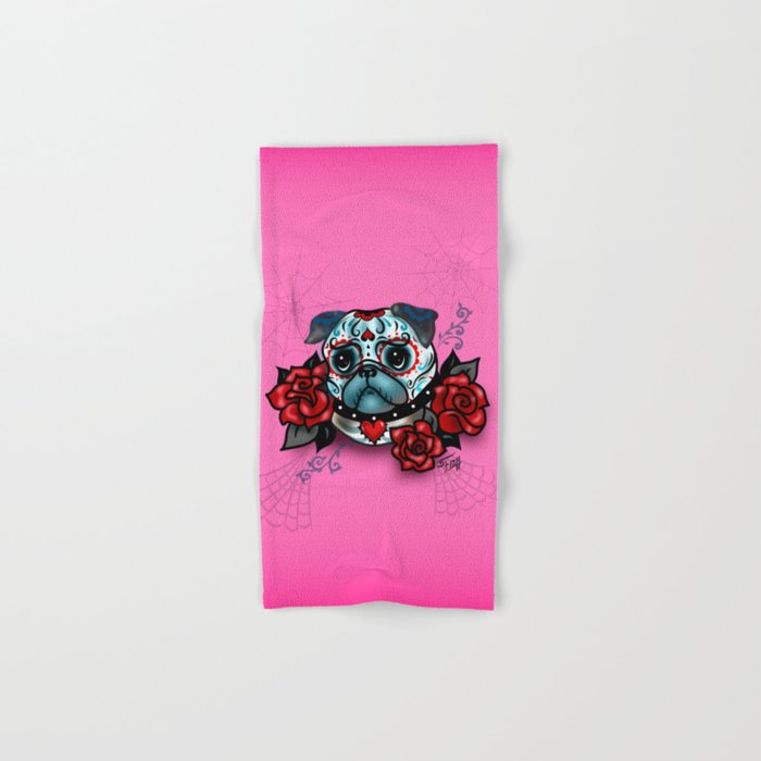 Sugar Skull Pug with Roses on Hot Pink Hand & Bath Towel