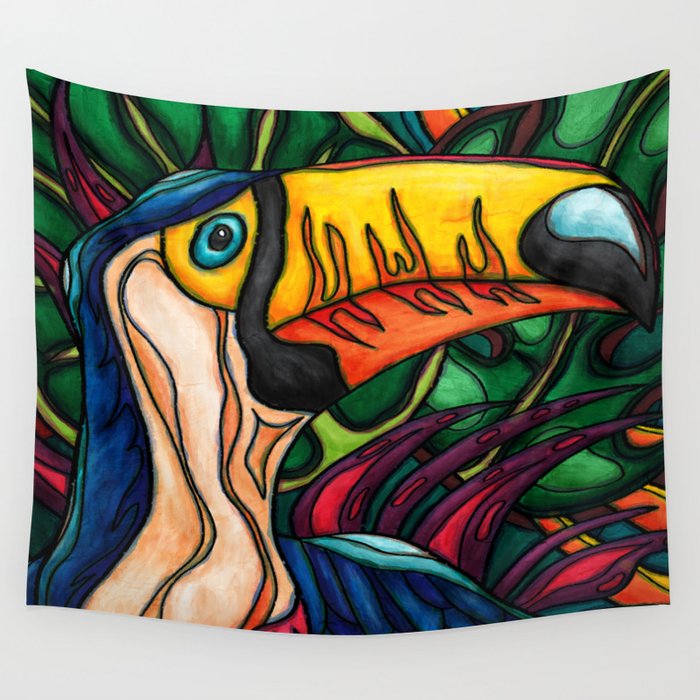 Toucan with yellow beak, on abstract jungle background Wall Tapestry