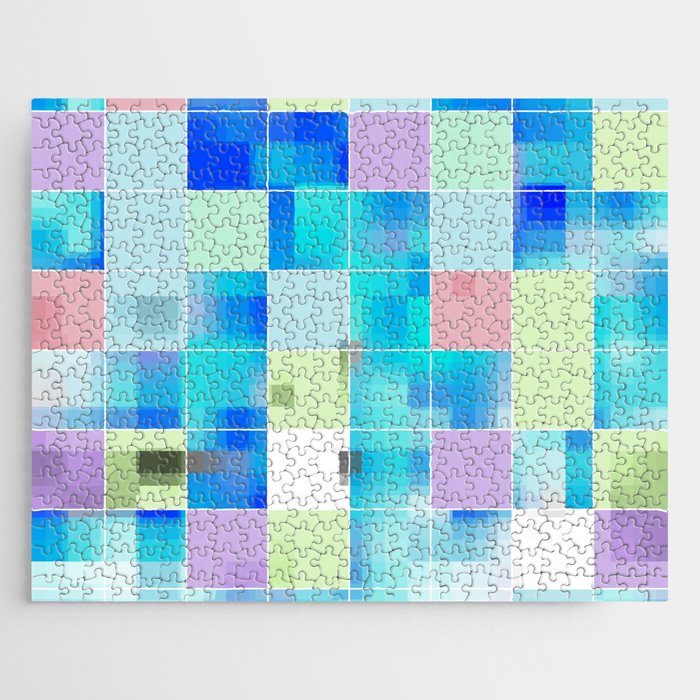 geometric pixel square pattern abstract background in blue pink green Jigsaw Puzzle