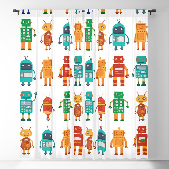 Seamless pattern from colorful retro robots in a flat style on a white background. Vintage illustration.  Blackout Curtain
