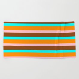 [ Thumbnail: Dark Orange, Pink, Brown & Aqua Colored Lined Pattern Beach Towel ]
