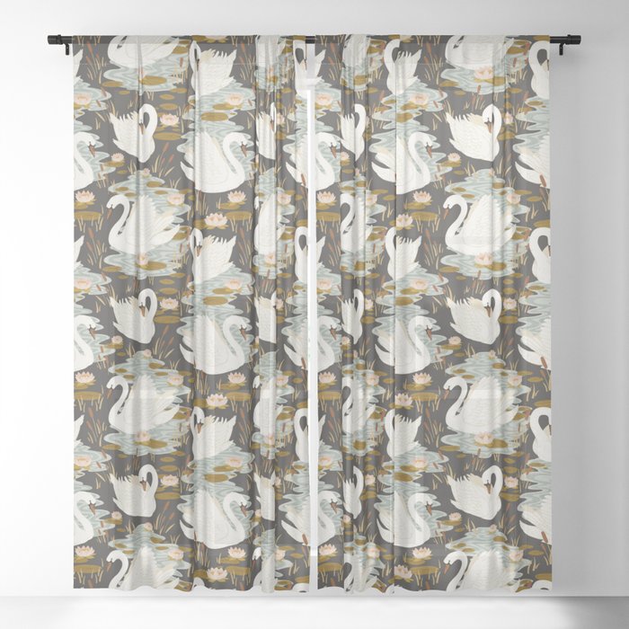 Swan Dance Pattern in Charcoal Background Sheer Curtain