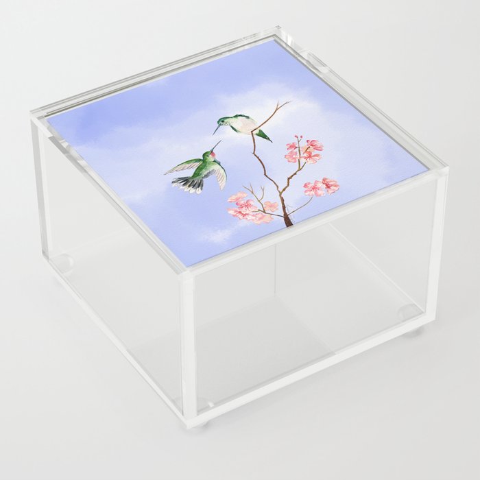 Hummingbird Romance 3 On Blue Sky Background  Acrylic Box