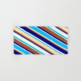 [ Thumbnail: Vibrant Deep Sky Blue, Beige, Sienna, Blue, and Mint Cream Colored Lines/Stripes Pattern Hand & Bath Towel ]