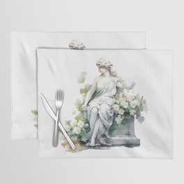 Female Goddess Statue in Garden with White Flowers Watercolor Placemat