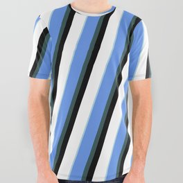 [ Thumbnail: Eyecatching Cornflower Blue, Dark Slate Gray, Black, White, and Light Blue Colored Striped Pattern All Over Graphic Tee ]