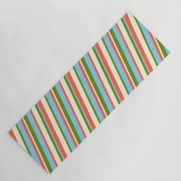 [ Thumbnail: Red, Beige, Green, and Sky Blue Colored Stripes Pattern Yoga Mat ]