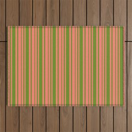 [ Thumbnail: Salmon and Green Colored Lines Pattern Outdoor Rug ]