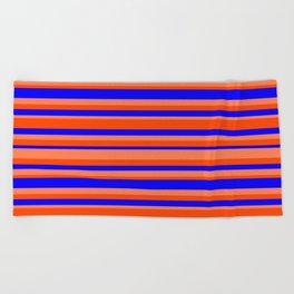 [ Thumbnail: Blue, Coral & Red Colored Striped Pattern Beach Towel ]