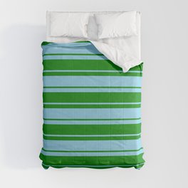 [ Thumbnail: Green and Sky Blue Colored Lined/Striped Pattern Comforter ]