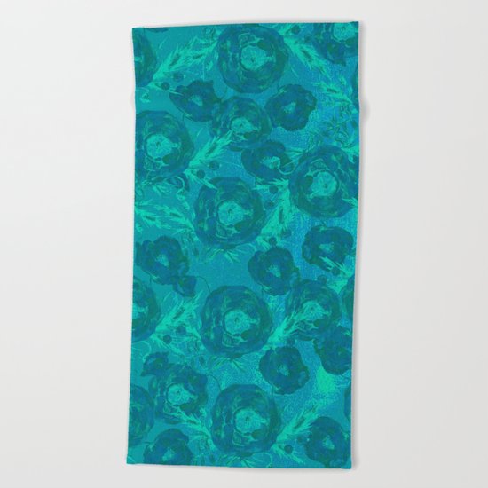 Abstract Poppy Pattern Blue Beach Towel