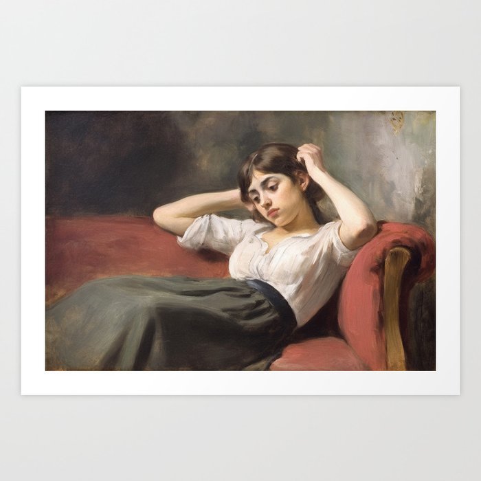 Girl Reclining on Red Sofa Oil Painting Art Print