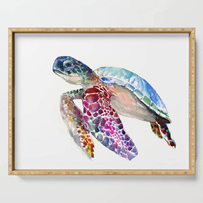 Sea Turtle, swimming turtle art, purple blue design animal art Serving Tray