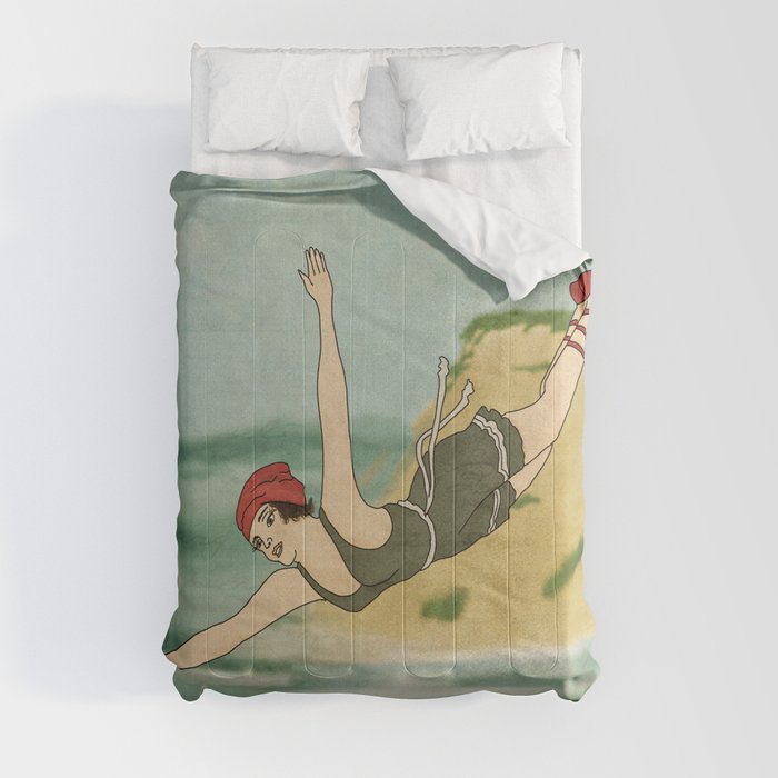 Diving In Vintage Inspired Early Swimming Girl Comforter