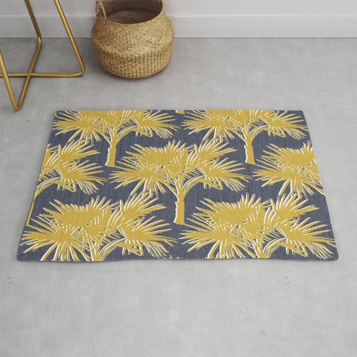 70’s Palm Trees Silhouette Gold on Navy Rug