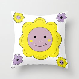 Smiley Face Flower Head Combination Artwork - White Throw Pillow