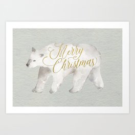 Watercolor Polar Bear Merry Christmas Modern Brush Script Greeting Card Art Print