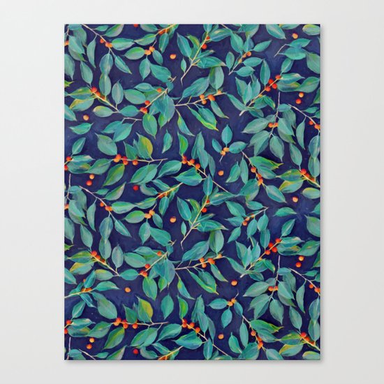 Leaves + Berries in Navy Blue, Teal & Tangerine Canvas Print