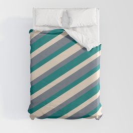 [ Thumbnail: Beige, Slate Gray, and Teal Colored Lined/Striped Pattern Duvet Cover ]