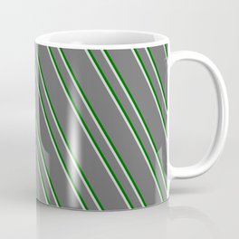 [ Thumbnail: Dim Grey, Dark Green, and Light Grey Colored Stripes Pattern Coffee Mug ]