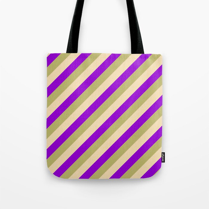 Dark Khaki, Tan, and Dark Violet Colored Striped Pattern Tote Bag