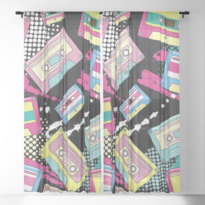 Multi Colored cassettes on a black background seamless pattern Sheer Curtain