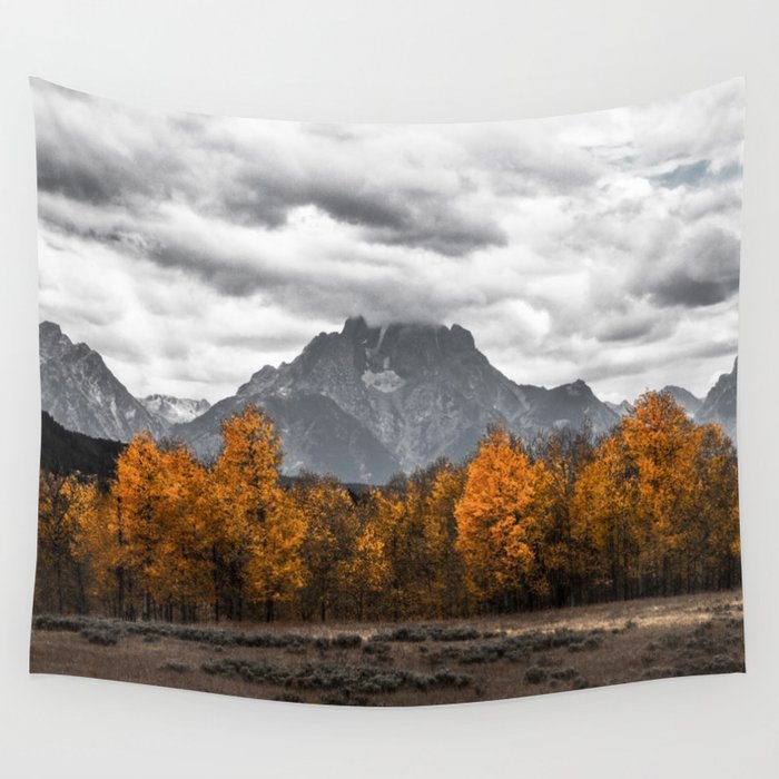 Teton Fall - Autumn Colors and Grand Tetons in Black and White Wall Tapestry