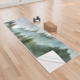 Watercolor Pine Forest Mountains in the Fog Yoga Towel