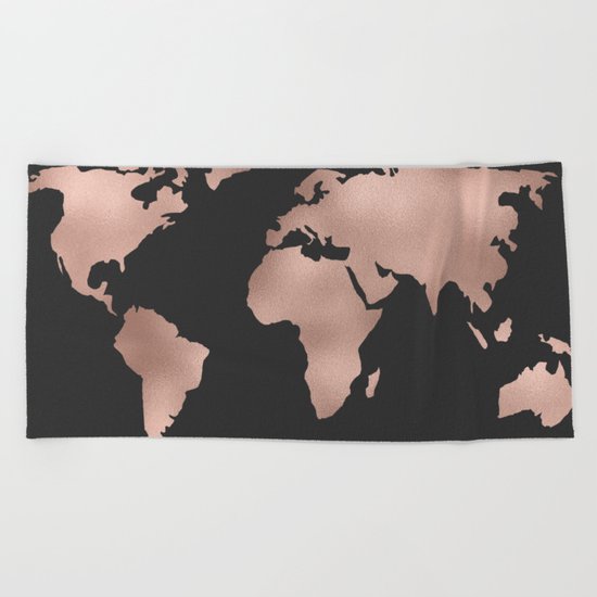 Rose Gold World Map on Dark Gray Beach Towel