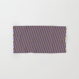 [ Thumbnail: Bisque, Black, Goldenrod, and Blue Colored Pattern of Stripes Hand & Bath Towel ]
