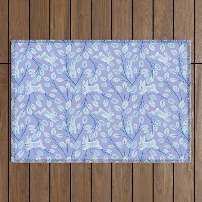 Spring Bunny Pattern in Lavender Lilac Watercolor Outdoor Rug