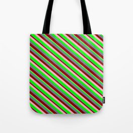 [ Thumbnail: Slate Gray, Dark Red, Light Pink, and Lime Colored Stripes/Lines Pattern Tote Bag ]