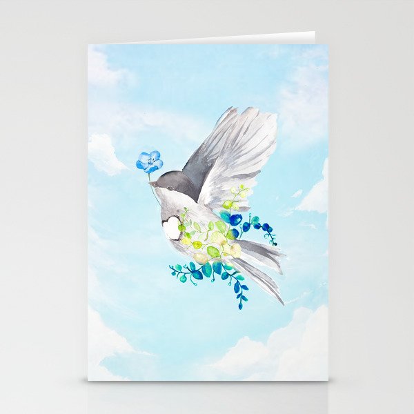 Little Bird Carries Blue Flower Stationery Cards