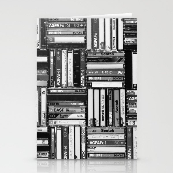 Music Cassette Stacks - Black and White - Something Nostalgic IV #decor #society6 #buyart Stationery Cards