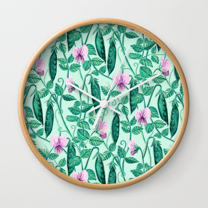 Fresh Garden Pea Floral on Pastel Mint Green Wall Clock