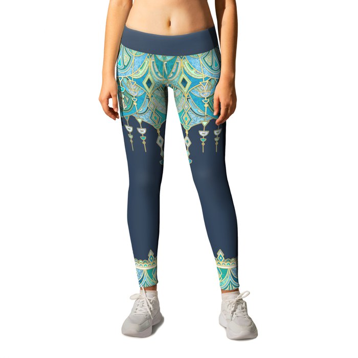 Art Deco Double Drop in Blues and Greens Leggings