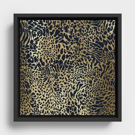 Leopard Print Pattern, Navy Blue and Gold Framed Canvas