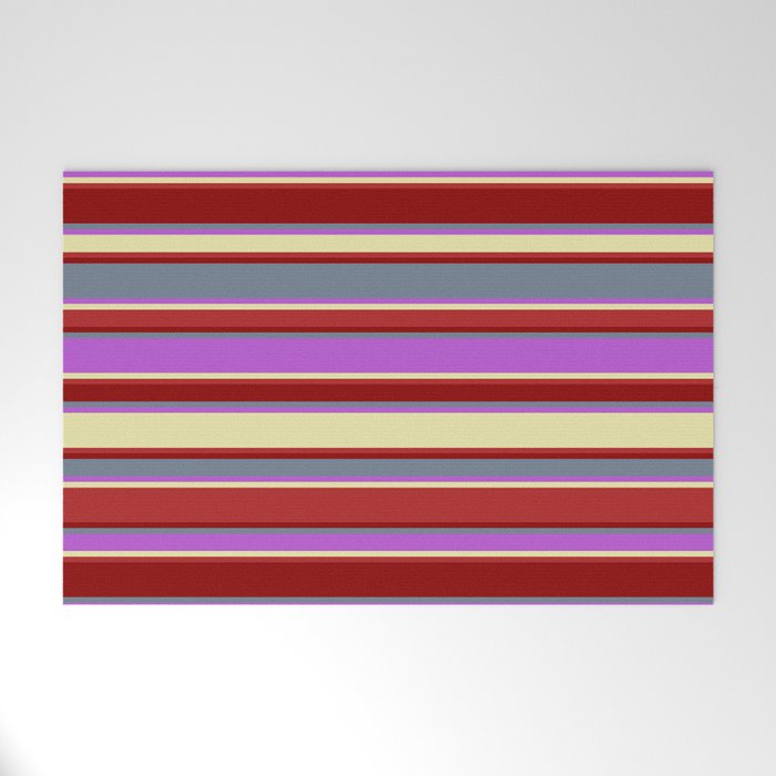 Eyecatching Slate Gray, Orchid, Pale Goldenrod, Red, and Dark Red Colored Lines/Stripes Pattern Welcome Mat