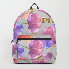 Peace Backpack | Pink, Pattern, Typography, Digital, Peace, Words, Plants, Quotes, Goodwill, Watercolor 