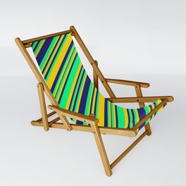 [ Thumbnail: Midnight Blue, Green, and Yellow Colored Lines/Stripes Pattern Sling Chair ]