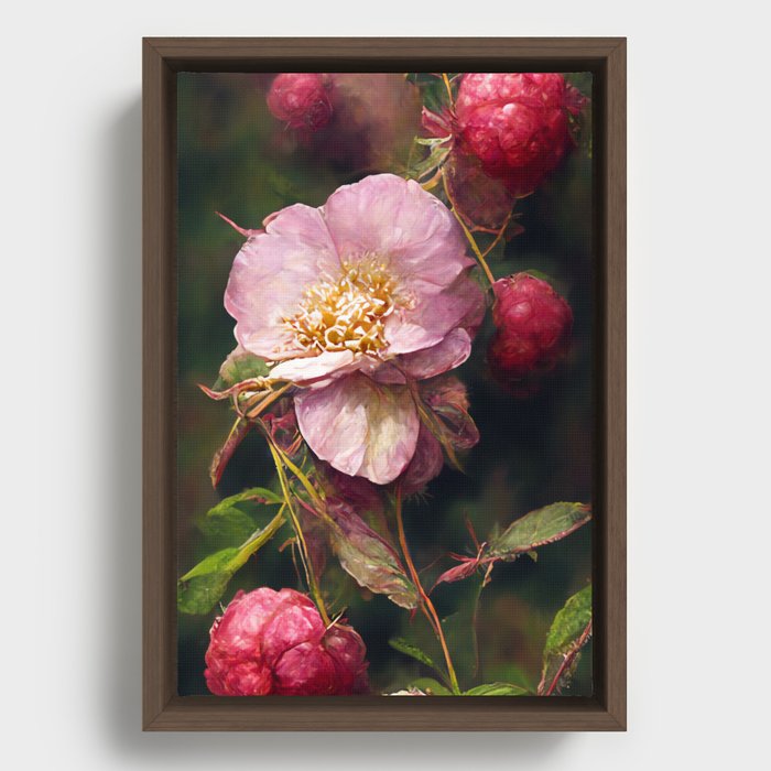 Wild Rose - Floral Painting of Pink Roses and Brambles Framed Canvas