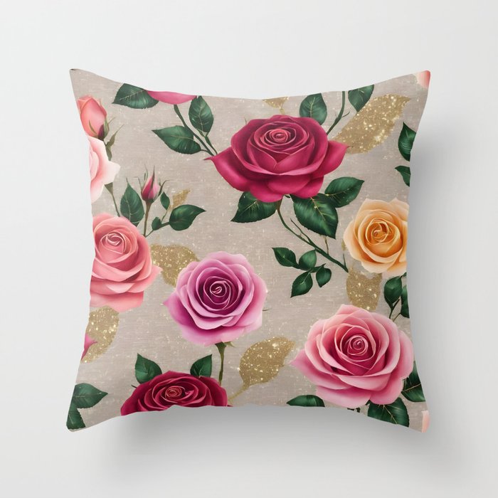 Roses Linen Beautiful Trendy Collection Throw Pillow
