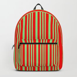 [ Thumbnail: Light Green & Red Colored Striped Pattern Backpack ]