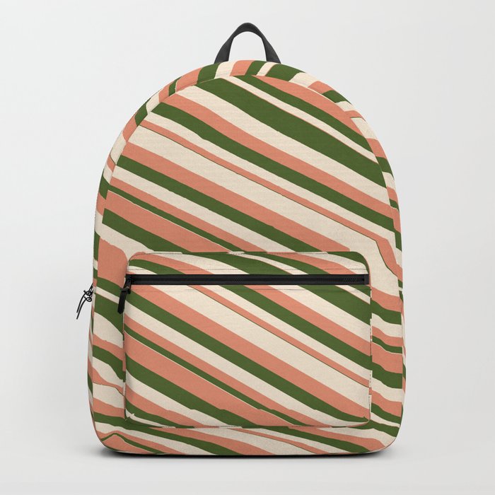 Dark Salmon, Dark Olive Green & Beige Colored Lines/Stripes Pattern Backpack
