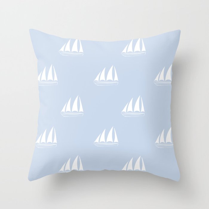 White Sailboat Pattern on pale blue background Throw Pillow