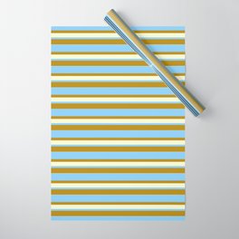 [ Thumbnail: Light Sky Blue, Dark Goldenrod, and Light Yellow Colored Lined/Striped Pattern Wrapping Paper ]
