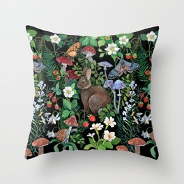 Rabbit and Strawberry Garden Throw Pillow
